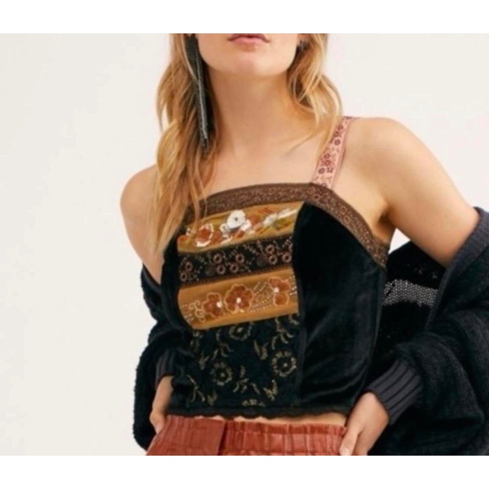 Free People Velvet Hold Me Close Corset Cami Top Black Floral Lace Trim XS